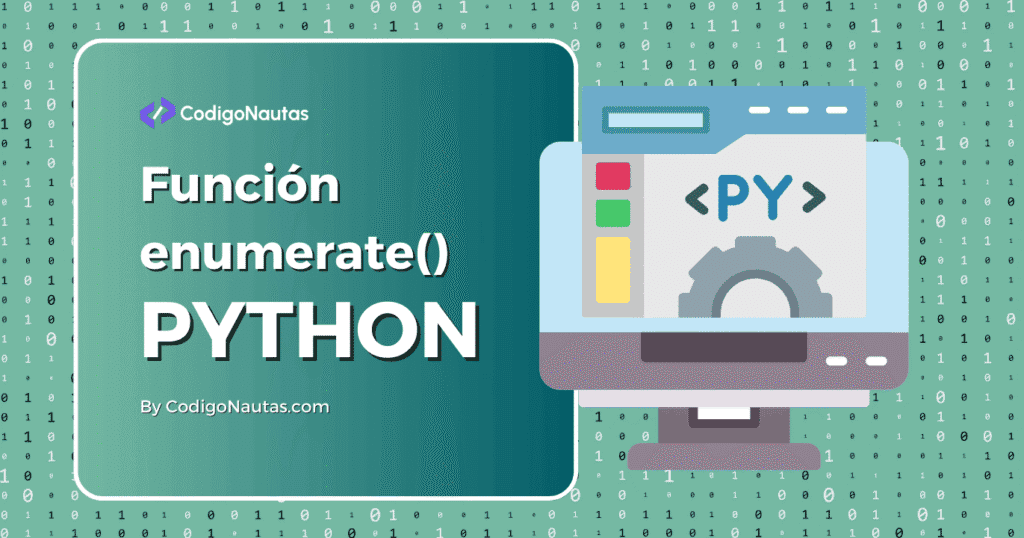 Ilustración de un ordenador mostrando código Python con la función enumerate(). Ideal para aprender programación en Python.