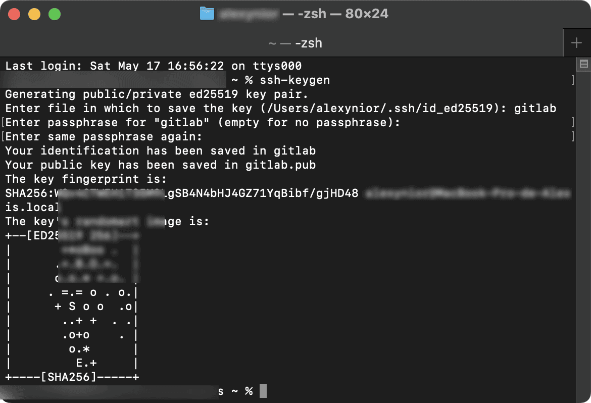 Captura de pantalla de una terminal en macOS mostrando el proceso de generación de un par de claves SSH usando el comando ssh-keygen.