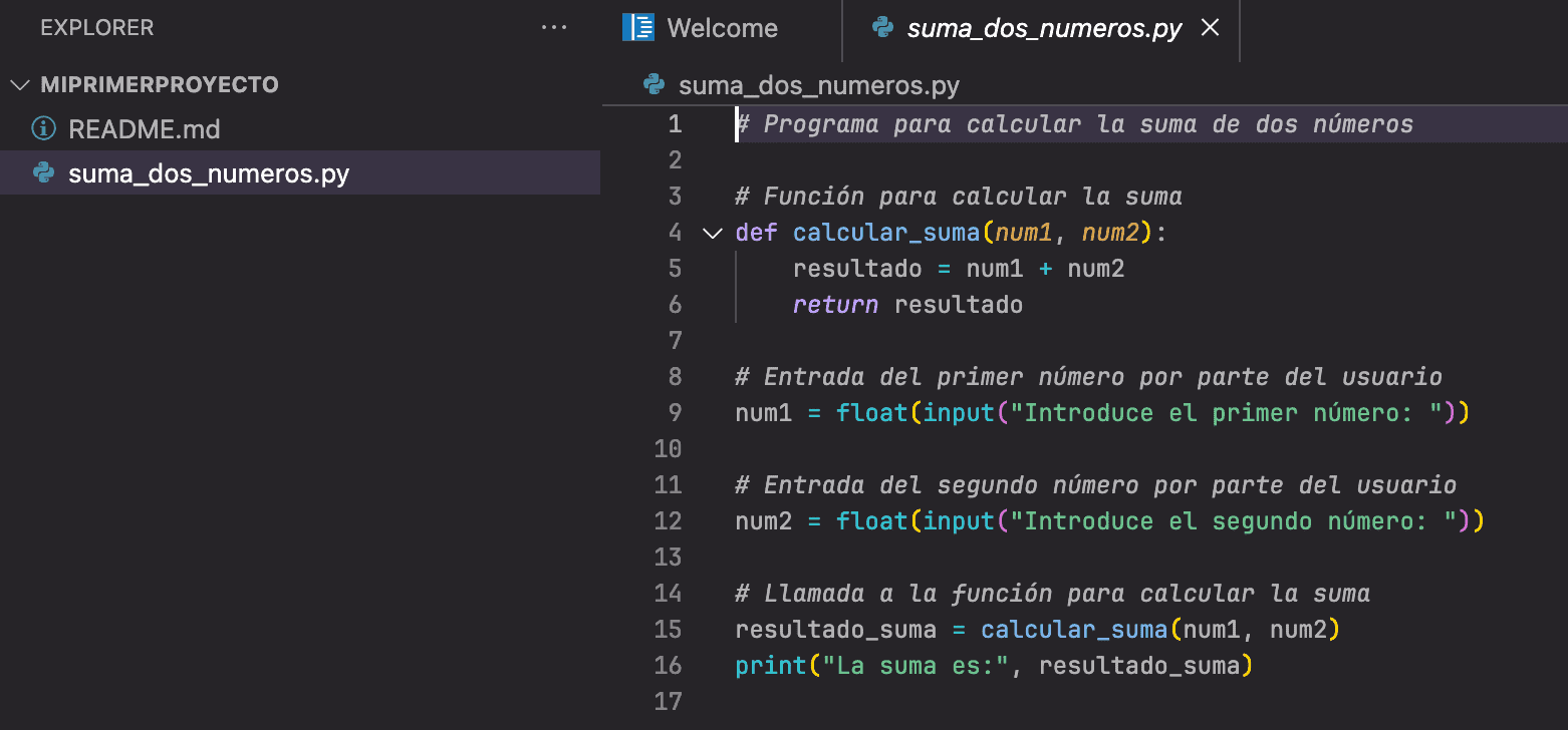 Captura de pantalla del IDE online de GitLab mostrando un archivo Python llamado suma_dos_numeros.py