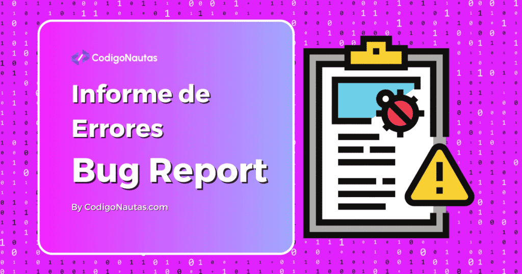 Ilustración de un informe de errores ("bug report") con un icono de una hoja de papel y un símbolo de advertencia.