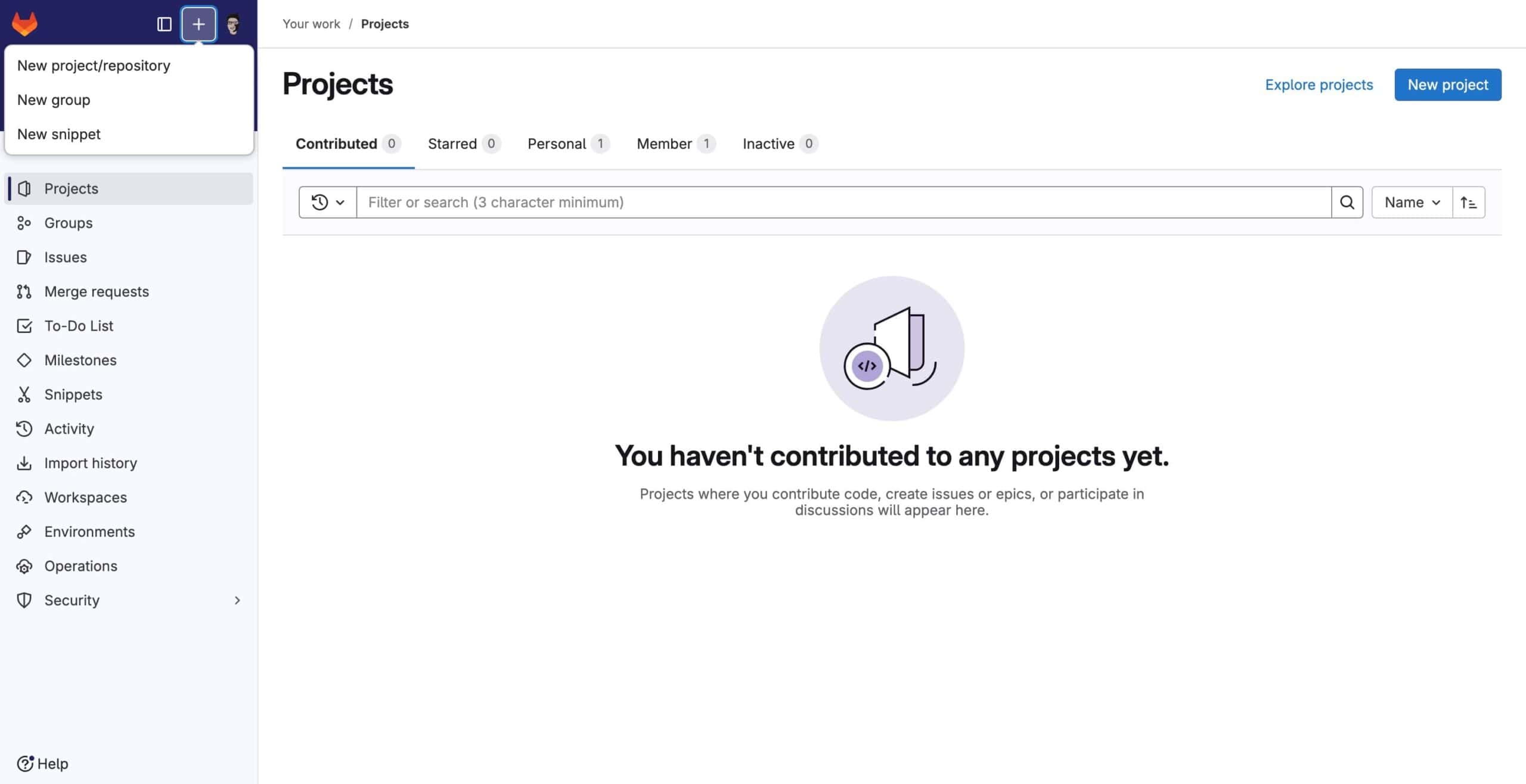 Captura de pantalla de la interfaz de GitLab mostrando la sección "Projects". El menú lateral muestra la opción "New project/repository", y la sección principal indica que el usuario aún no ha contribuido a ningún proyecto.