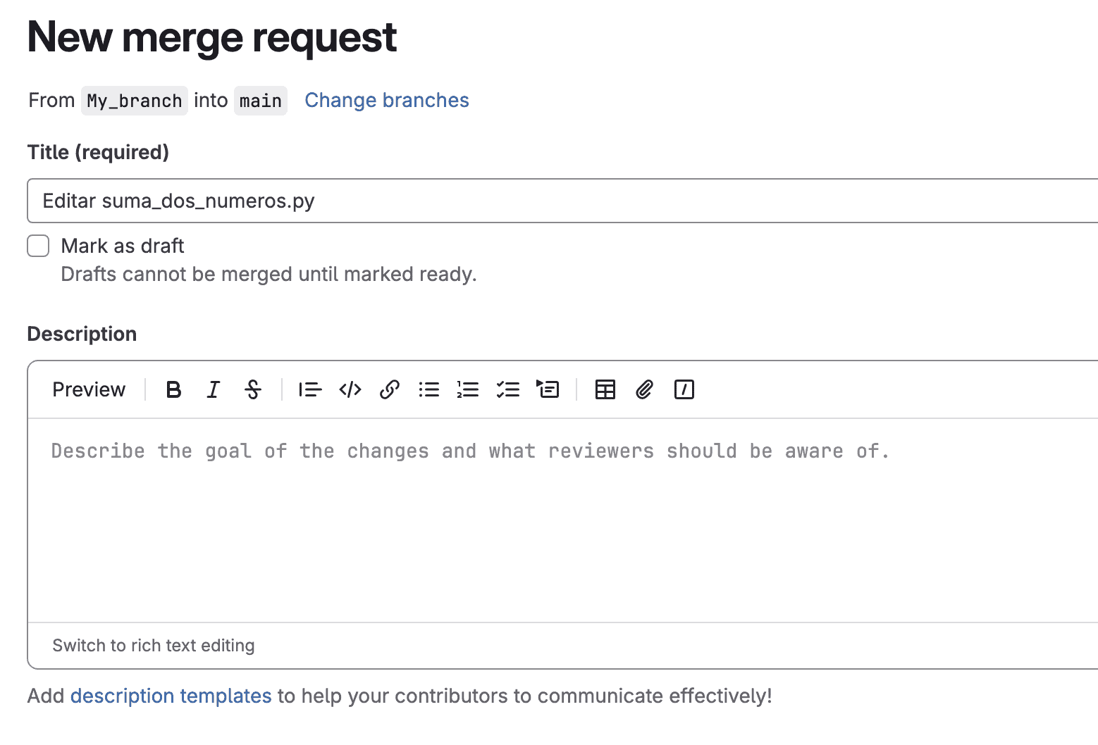 Formulario de GitLab para crear una nueva solicitud de fusión ("New merge request").