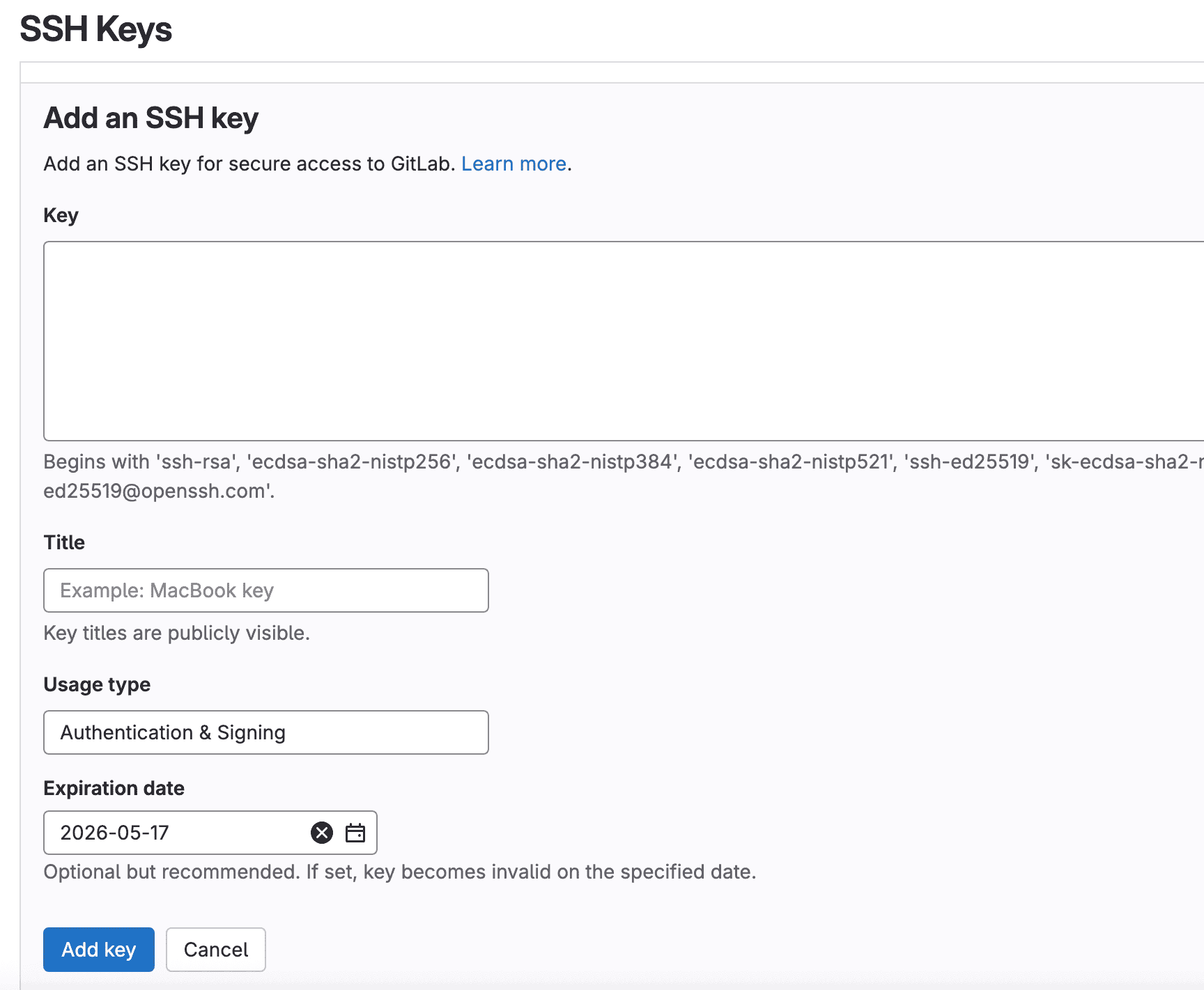 Captura de pantalla del formulario de GitLab para agregar una clave SSH. 
