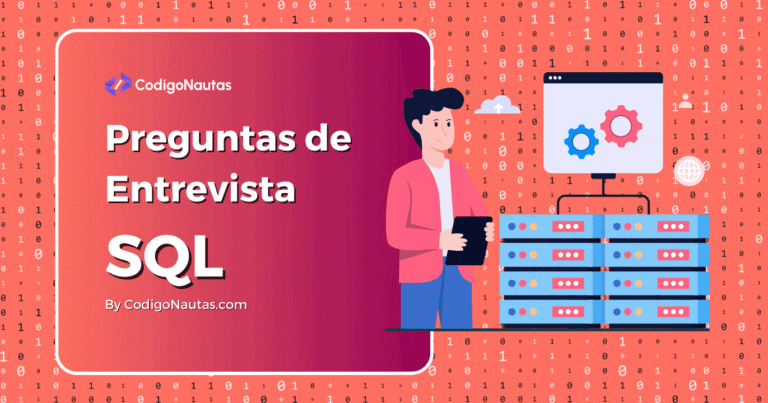 Ilustración de un desarrollador revisando una base de datos, con la leyenda "Preguntas de Entrevista SQL" para testers de software. Ideal para preparar entrevistas de trabajo en el sector tecnológico.