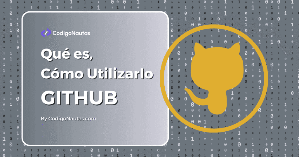 Imagen que muestra el logo de GitHub, un gato naranja estilizado, sobre un fondo gris con código binario.