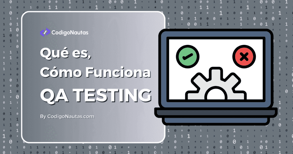 Ilustración de una computadora portátil con un engranaje y símbolos de verificación y error, representando el proceso de QA Testing.