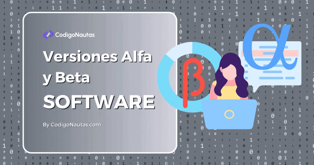 Ilustración que explica las versiones alfa y beta de software, mostrando una persona trabajando en un ordenador portátil y los símbolos alfa y beta.