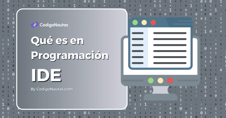 Ilustración sobre qué es un IDE en programación y su propósito, con un fondo de código binario.