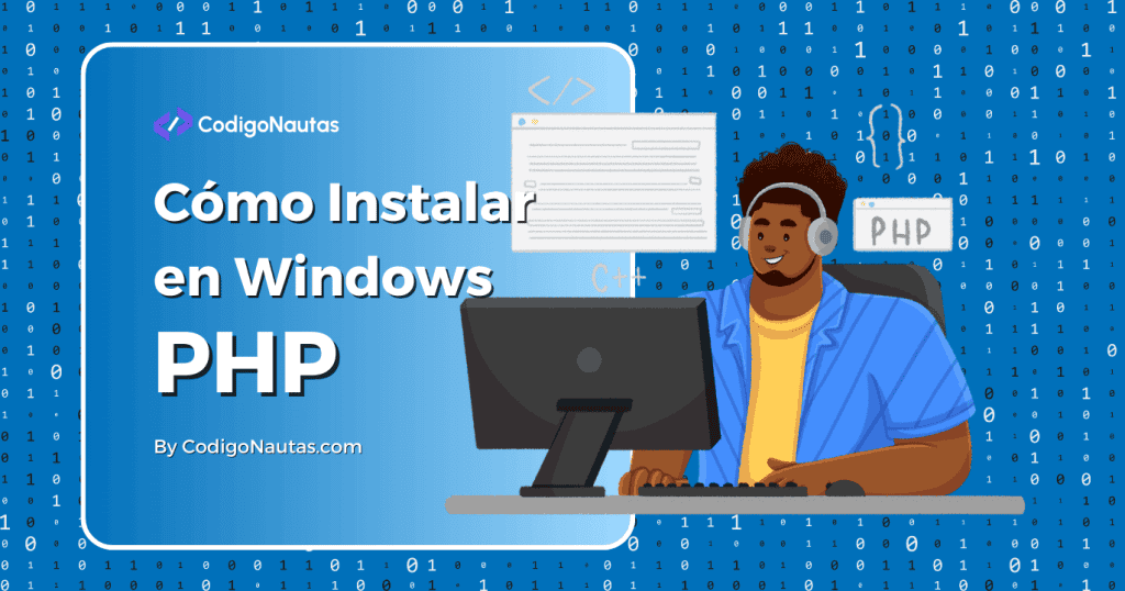 Ilustración de un programador instalando PHP en Windows. Guía paso a paso para instalar PHP en tu PC.