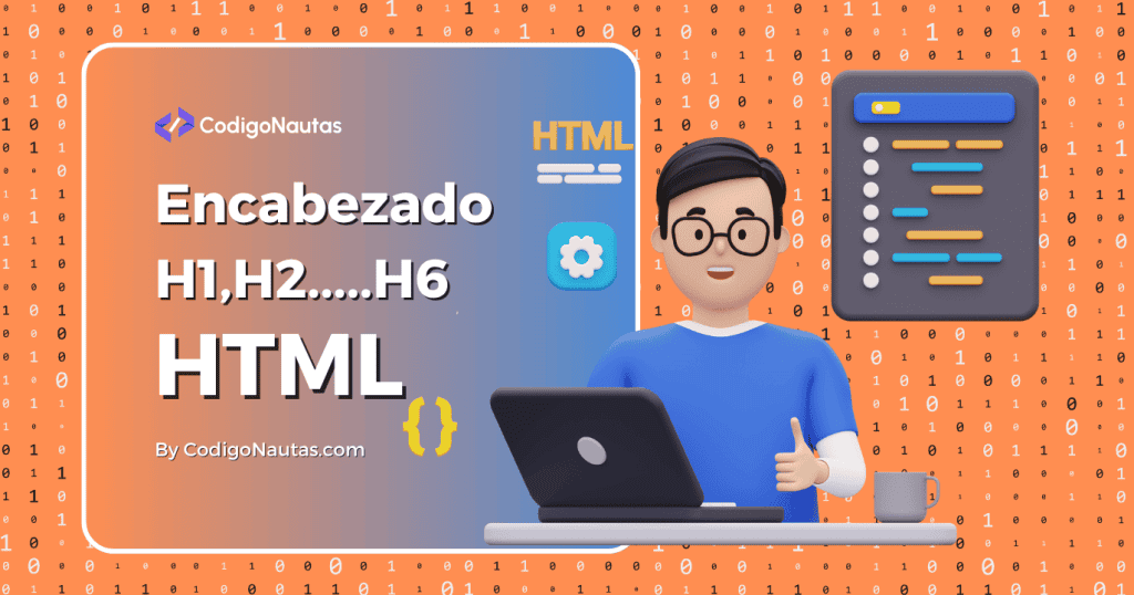 Ilustración de un programador explicando el encabezado HTML, desde H1 hasta H6, para una guía de desarrollo web.