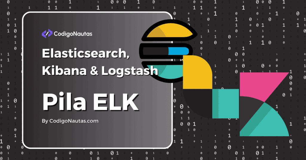 Portada para guía sobre qué es la Pila ELK, con los logos de sus componentes sobre un fondo de código binario.
