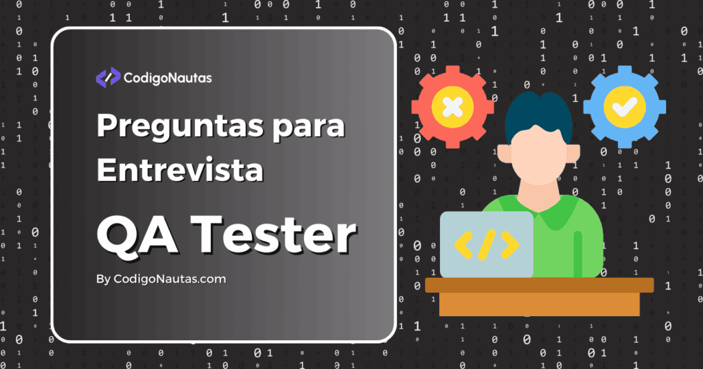 Ilustración de un QA tester con símbolos de error y acierto para un artículo sobre preguntas de entrevista.