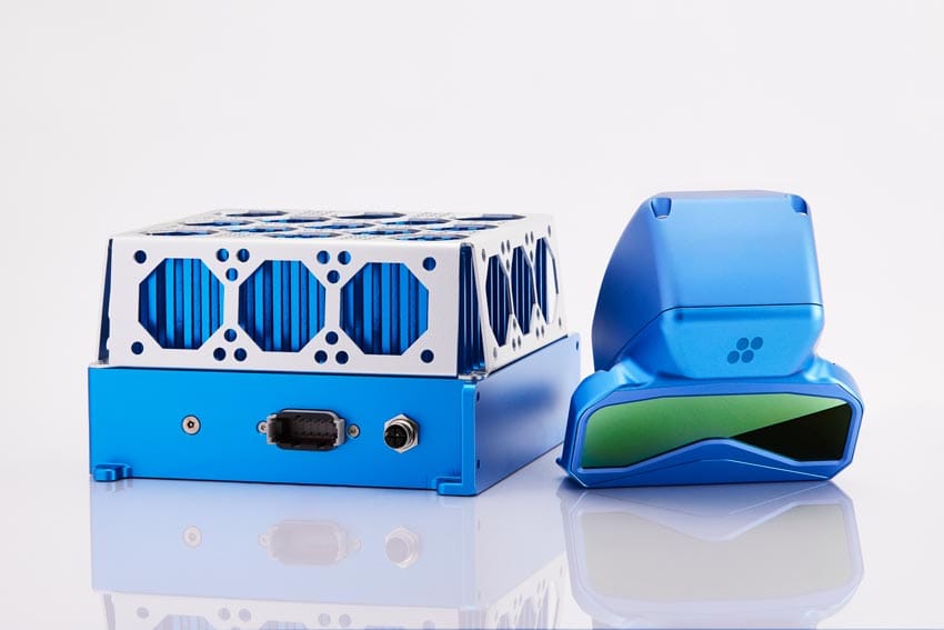 Illustration of lidar sensors a blue and silver metallic box with plugs and a blue metallic object