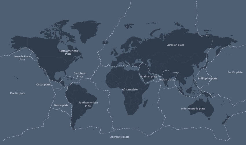 Map of world tectonic plates and their boundaries where earthquakes occur