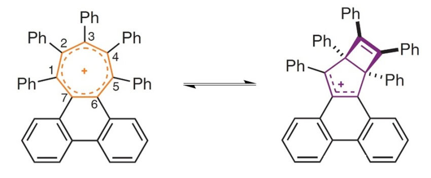 Two molecules with interconverting equation between them, one has a seven-pointed ring and the other has pinched the ring into a five-pointed and four-pointed ring