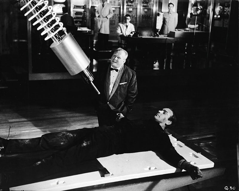 A giant laser is aimed at james bond in one of the bond films.