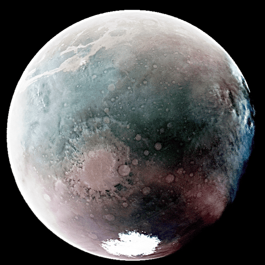 Image of mars but coloured in green, purple, red, and blue