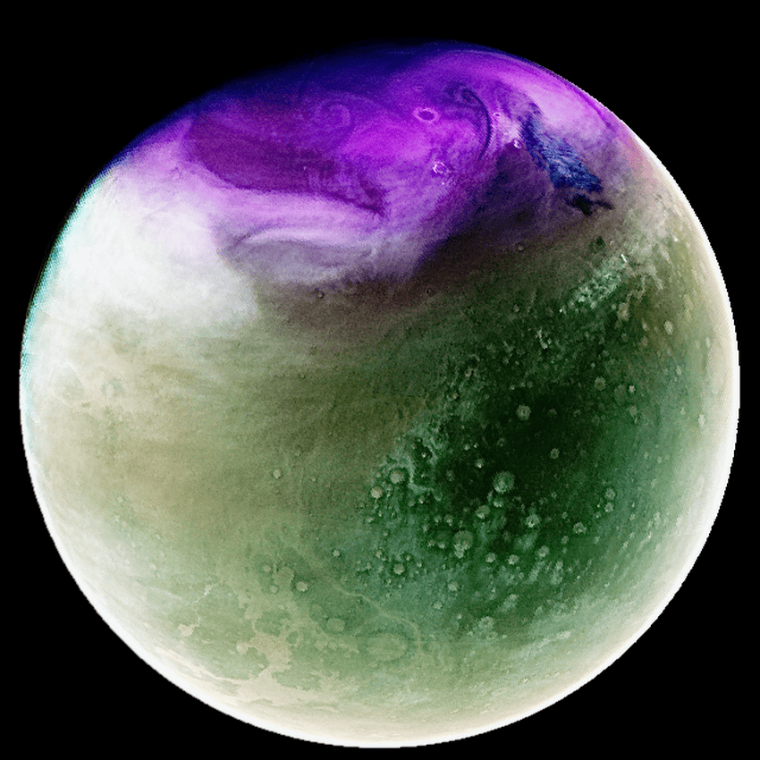 Image of mars, in greens, whites, and purples