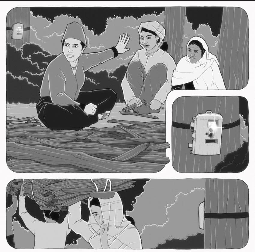 Panel of images showing women seeing camera trap and behaving more quietly