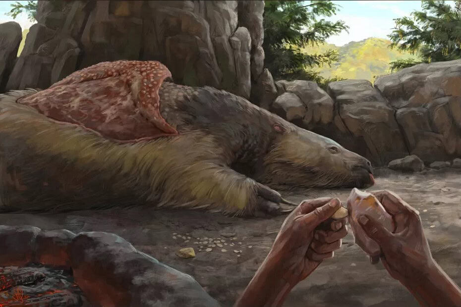 Artists depiction of dead giant ground sloth human hands carving tool