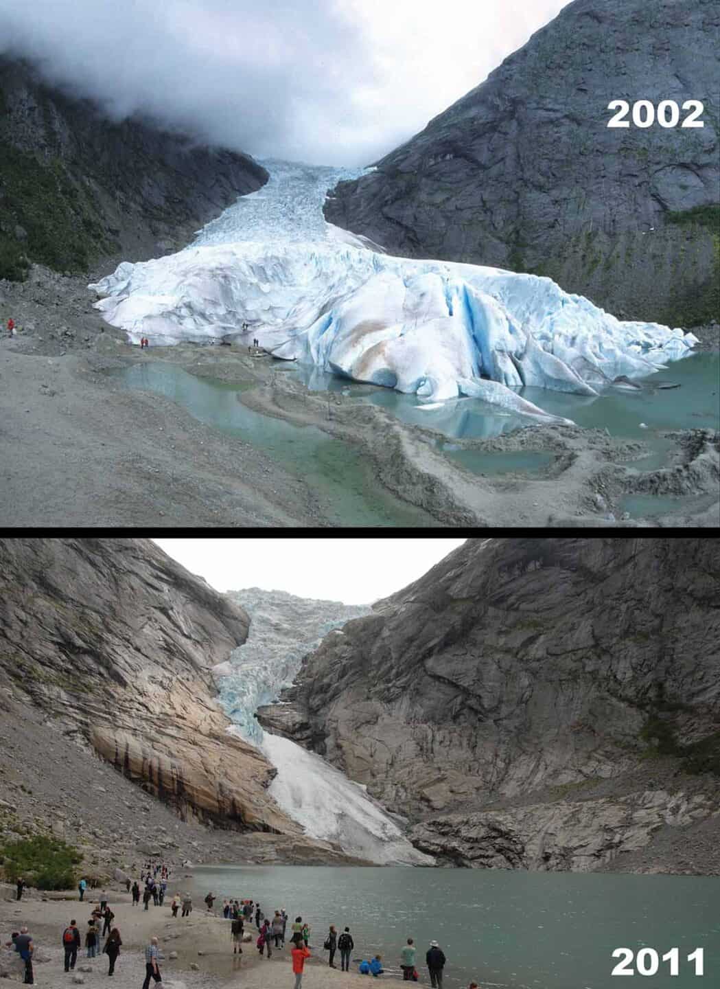 Images from 2002 and 2011 of the same glacier showing how far it has receded.
