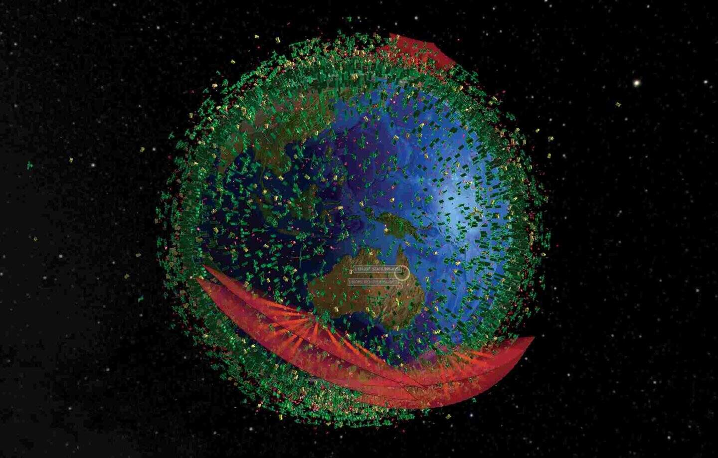 An image of the earth with all the orbiting satellites.