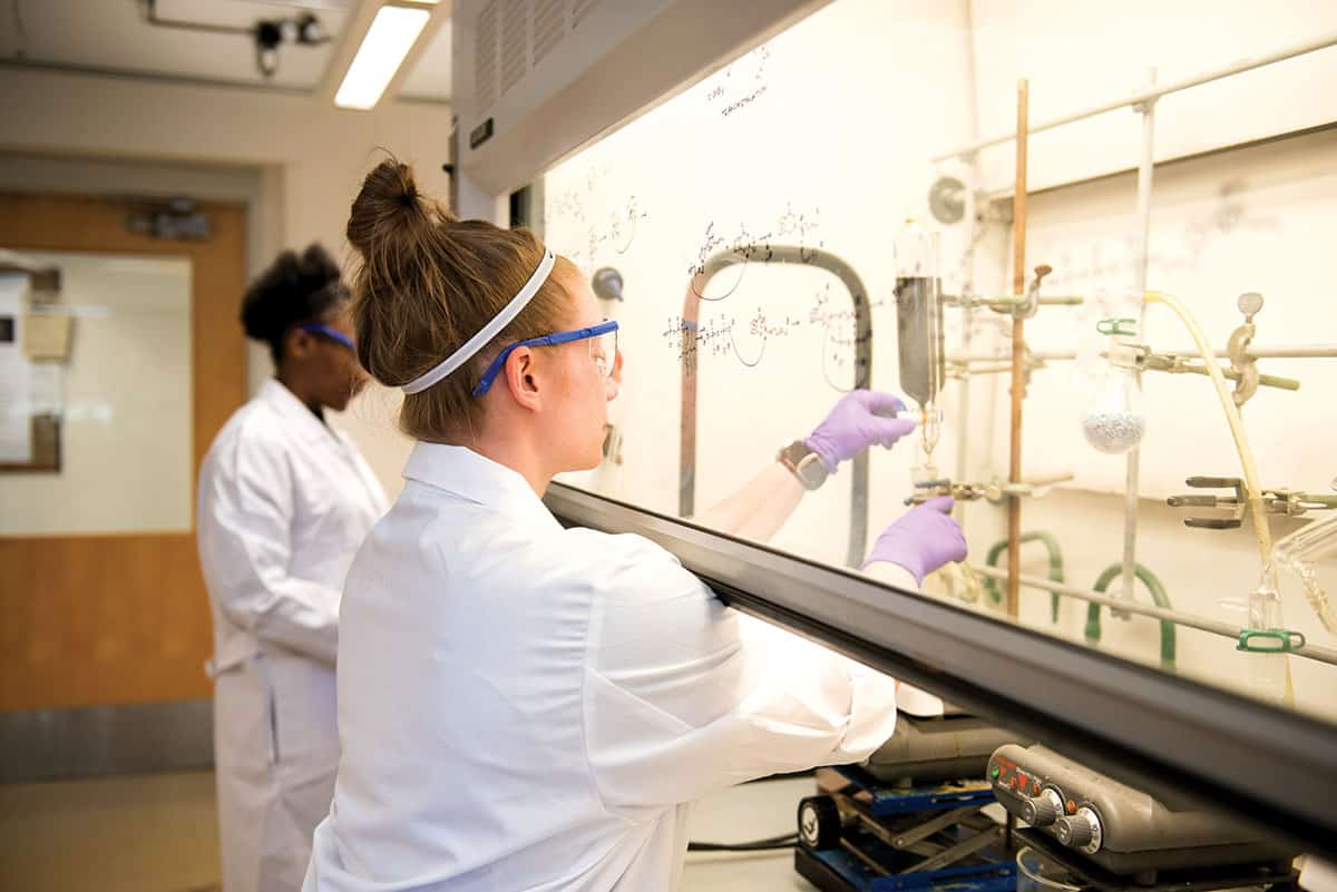 Two scientists conducting an experiment under a fume cupboard in the lab.