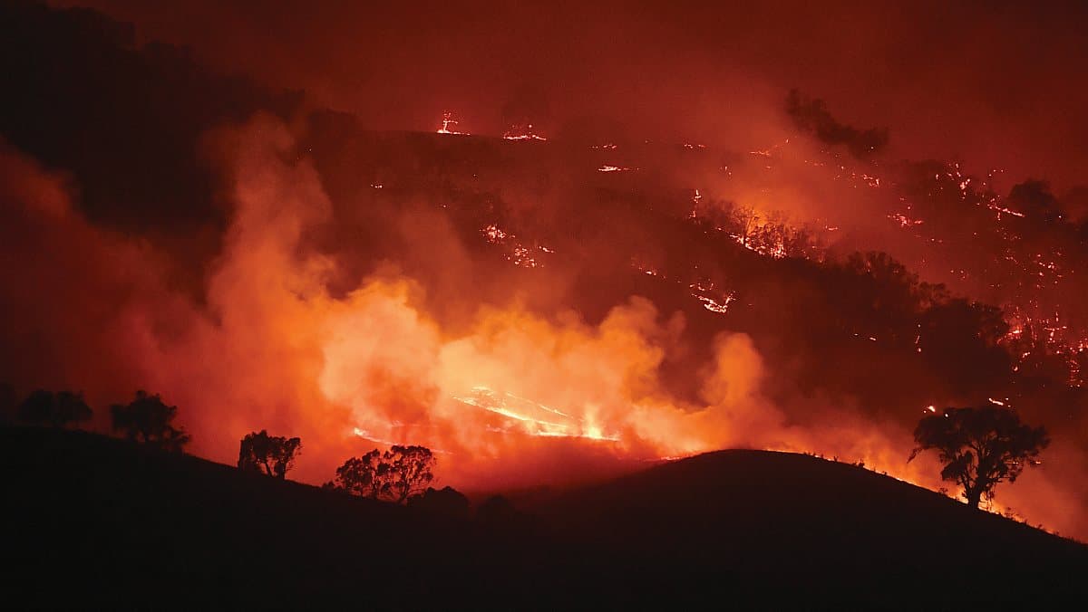 A bushfire rages across the landscape.