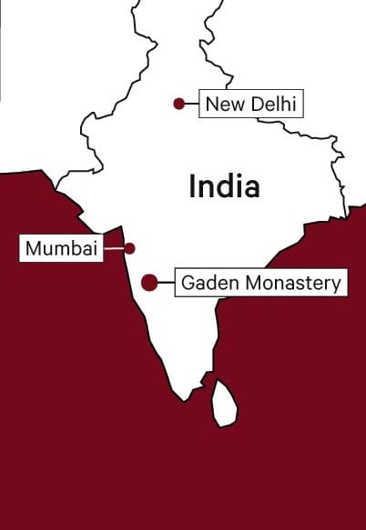 A map of india showing the location of the aden monastery in the south west of the country.