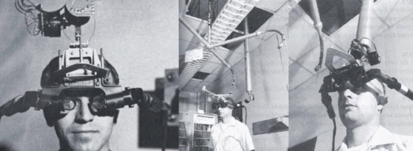 Black and white photo of person using old augmented reality device