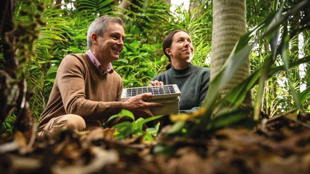 Paul roe and danielle teixeira in a forest holding a solar-powered device.
