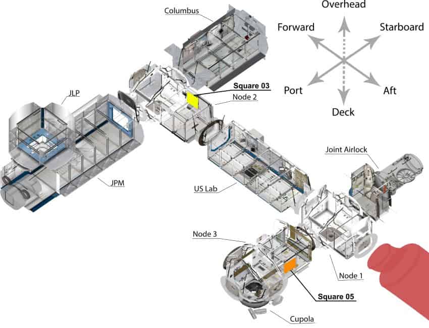 A cutaway image showing the interior of a section of the international space station. There are two squares, orange and yellow, indicating where experiments were carried out.