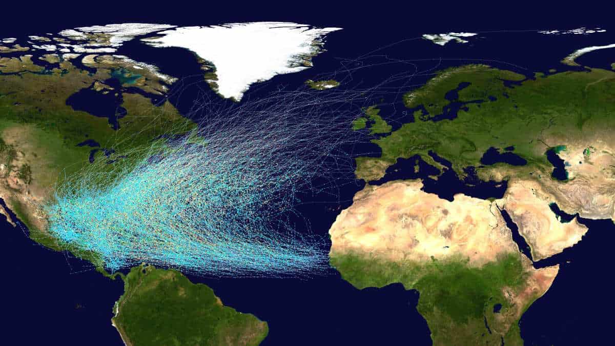 map of hurricane tracks over atlantic ocean