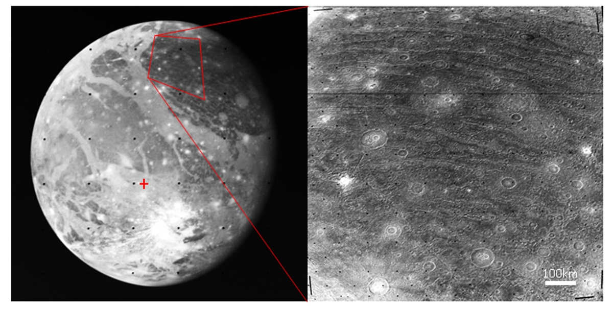 Furrows and craters on the surface of jupiter moon ganymede