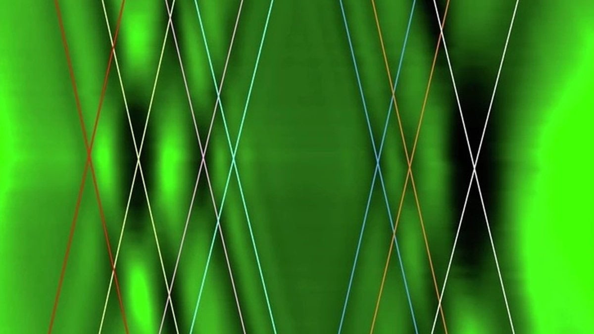 Green electron waves with criss cross pattern diagonal lines
