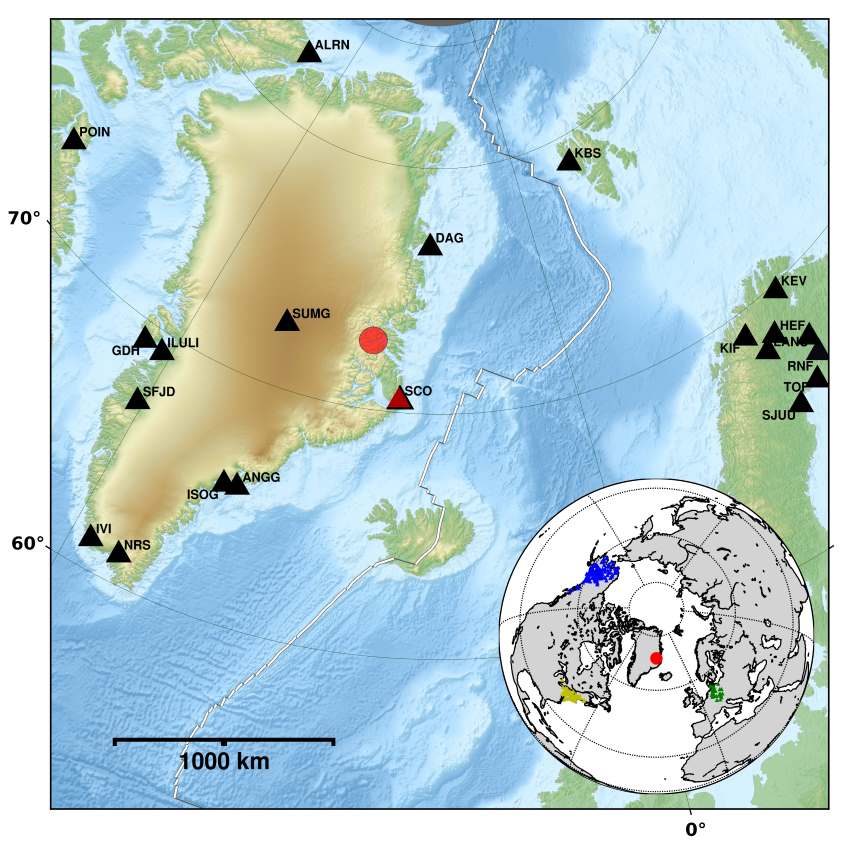 Map of greenland with tsunami shown by red dot on east coast