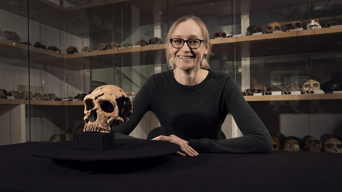 Palaeontologist sitting next to neanderthal skull with cabinets full of skulls behind her