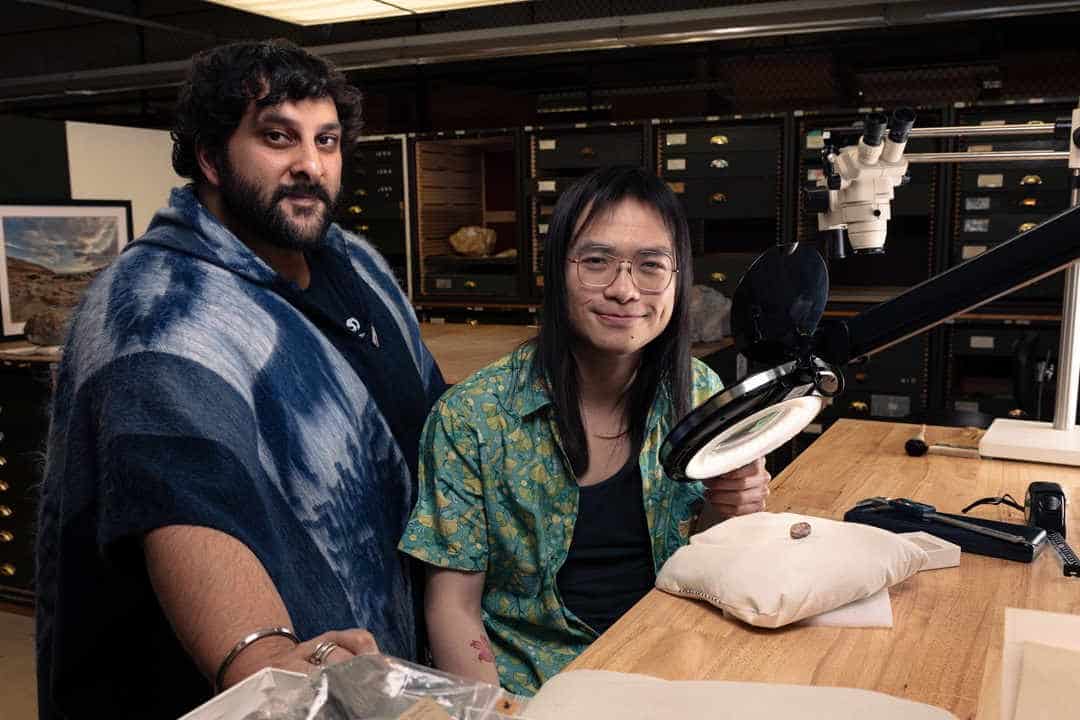 Two palaeontologists with a tiny amphibian skull fossil on a cushion in a museum collection with magnifying glass