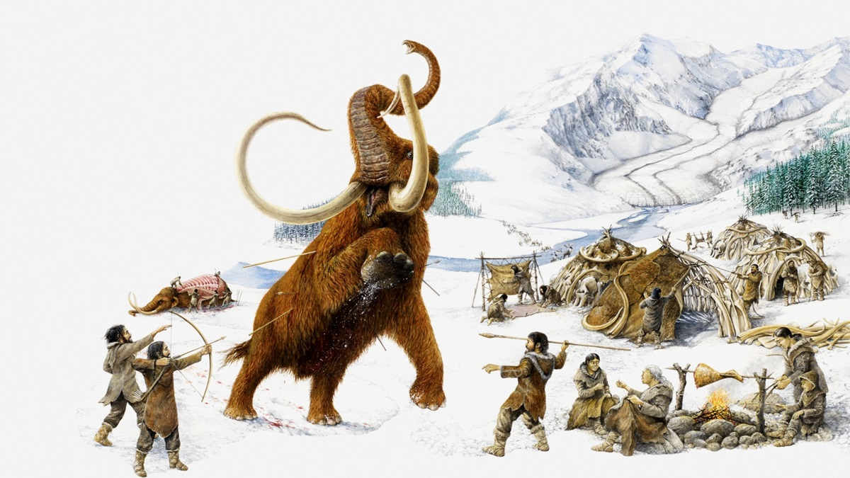 Illustration of ice age hunters trying to capture a mammoth, also showing the use of mammoth skin for shelter, and roasting of mammoth meat - stock illustration