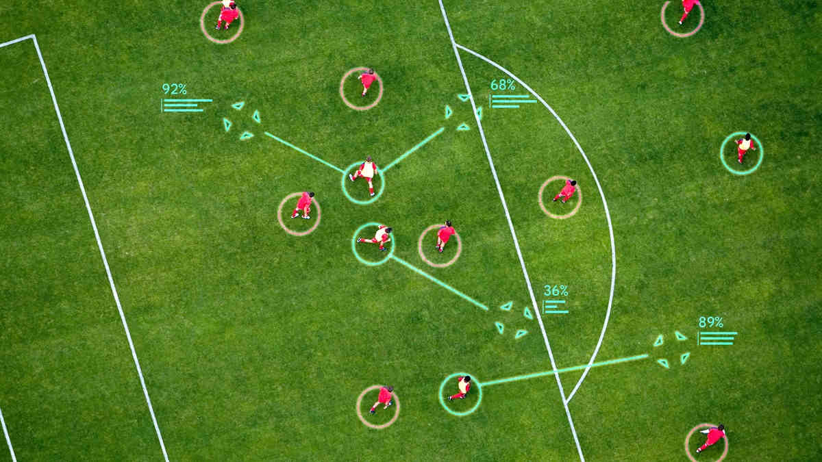 Overhead view of soccer pitch players tactics