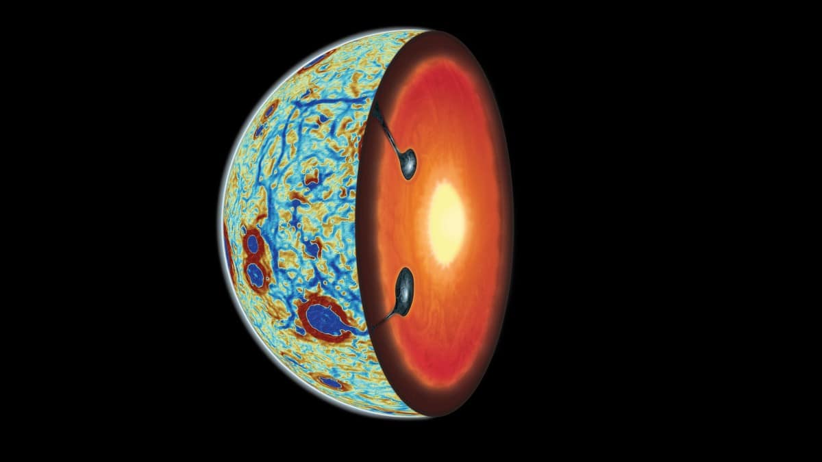 Gravity gradient map of the lunar nearside and cross-section showing mantle