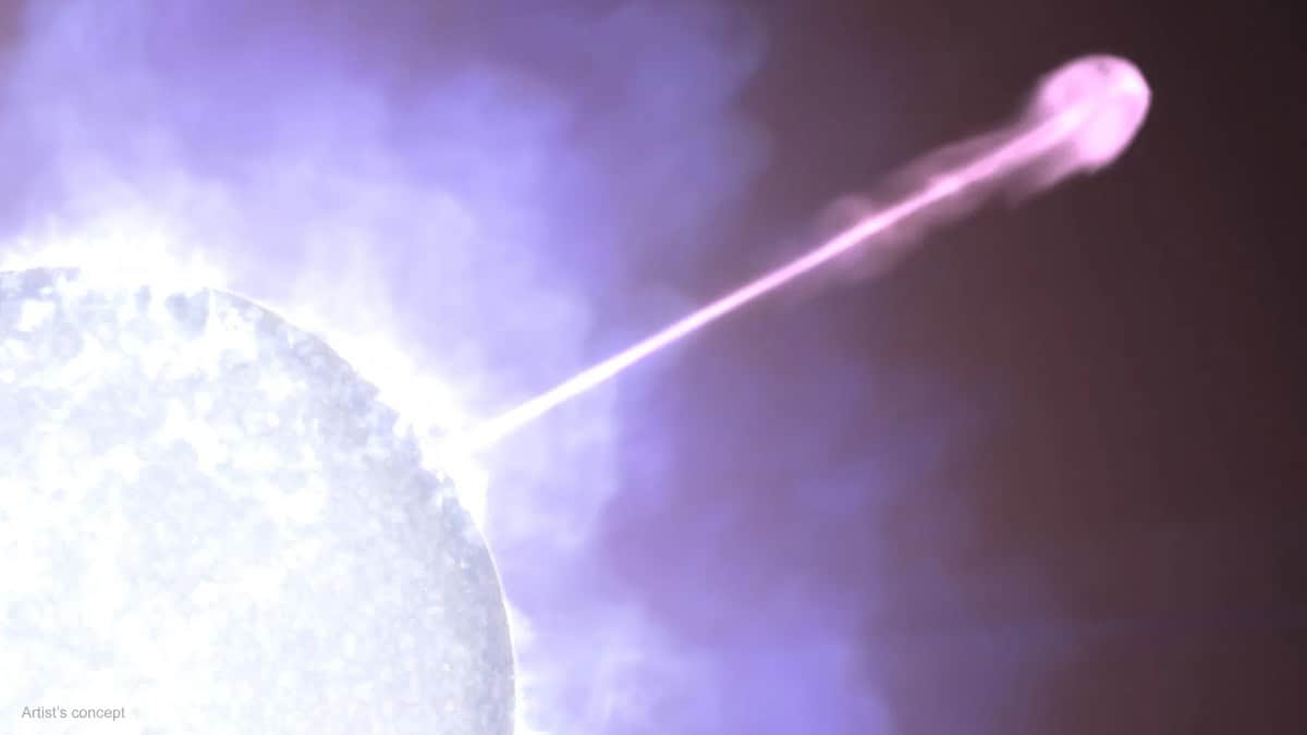 A jet of particles moving at nearly light speed emerges from a massive star