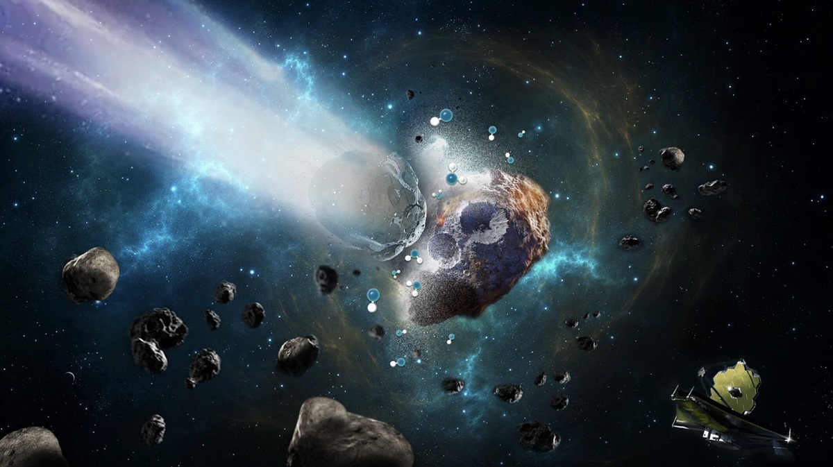 Object crashing into asteroid with james webb space telescope in the corner
