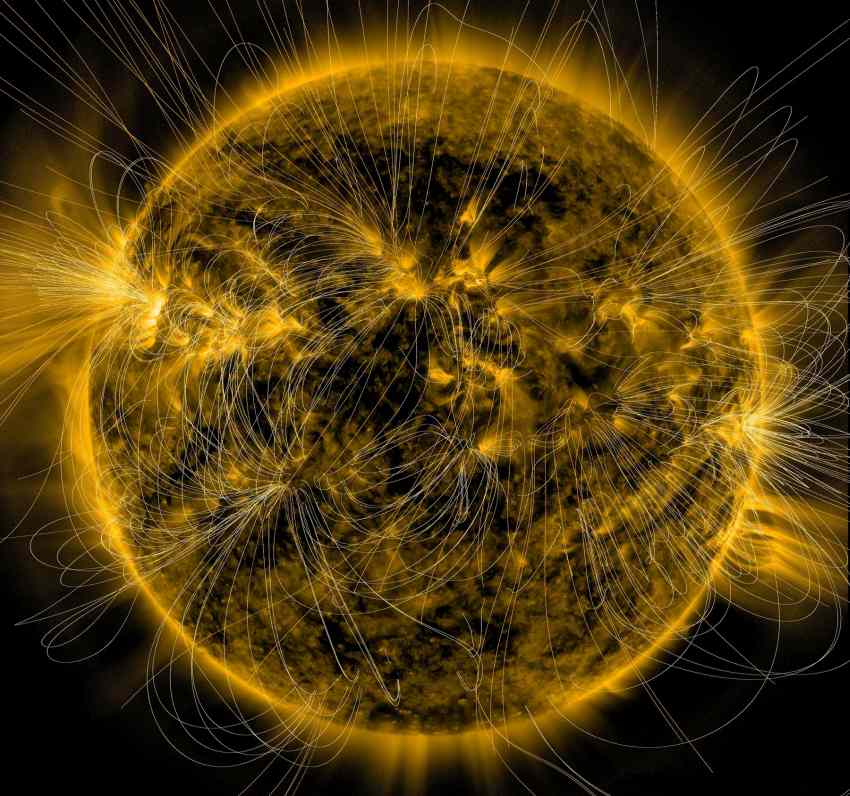 An illustration of the sun's magnetic fields in yellow.