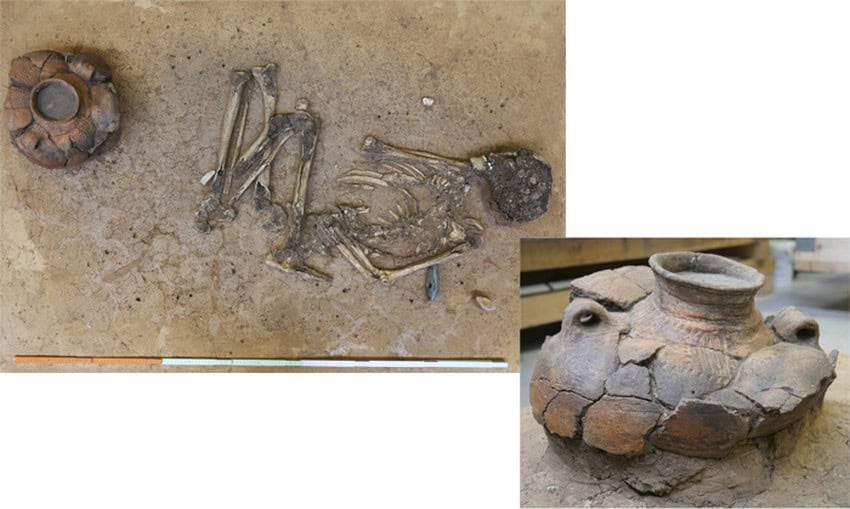 Left is a photograph of a skeleton and broken vase in the ground. Right is a clos-up photograph of the broken vase.