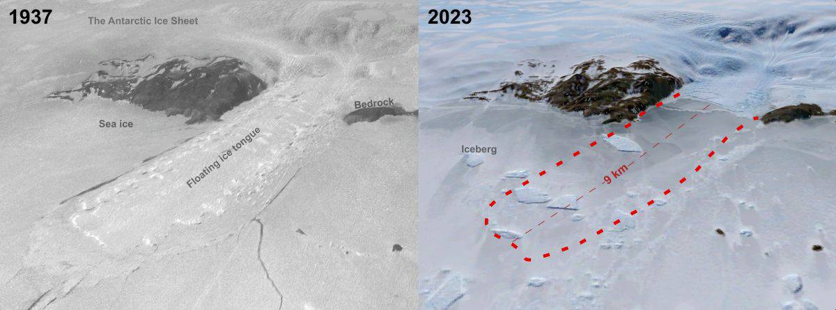 Honnörbrygga glacier in lützow-holm bay in 1937 compared to a modern landsat satellite image from 2023.