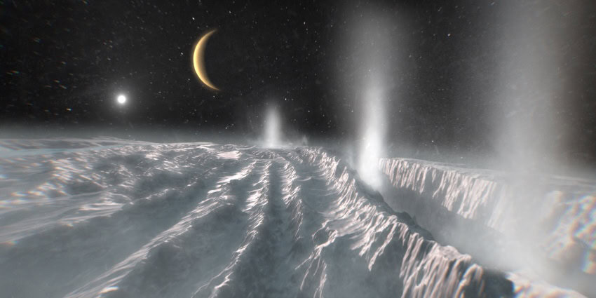 An illustration showing the surface of an icy planet