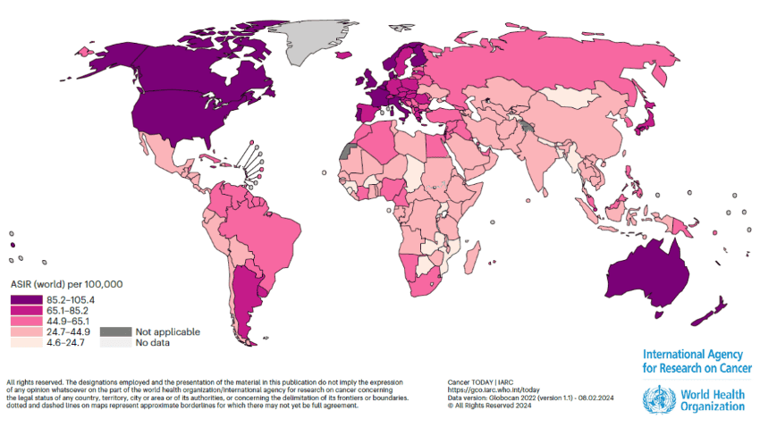 Estimated age standardised rates of incidence for female breast cancer per 100000 in 2022 for 185 countries 10. 1038s41591 025 03502 3 copyright 2025 iarcw 850