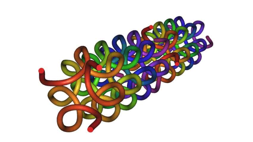 Computer generated image of 3 spiralling helixes twisting around each other. They are all coloured in an ombre rainbow to show how the points on each strand exist in relation to each other