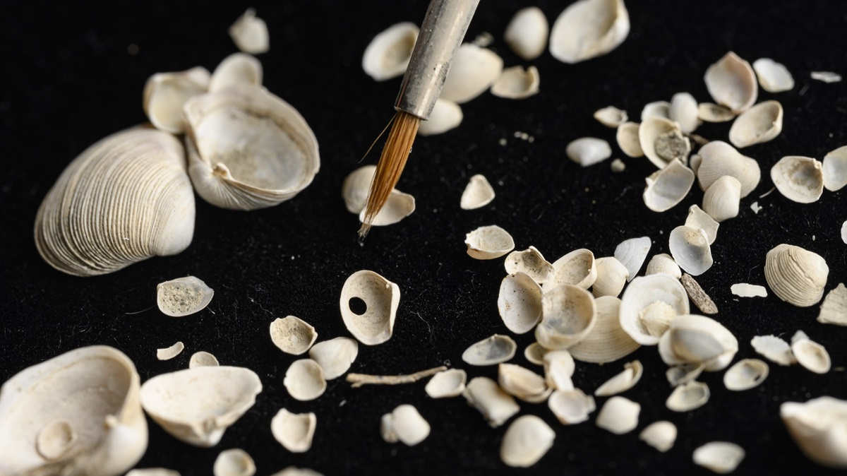 Old shells on black background with brush